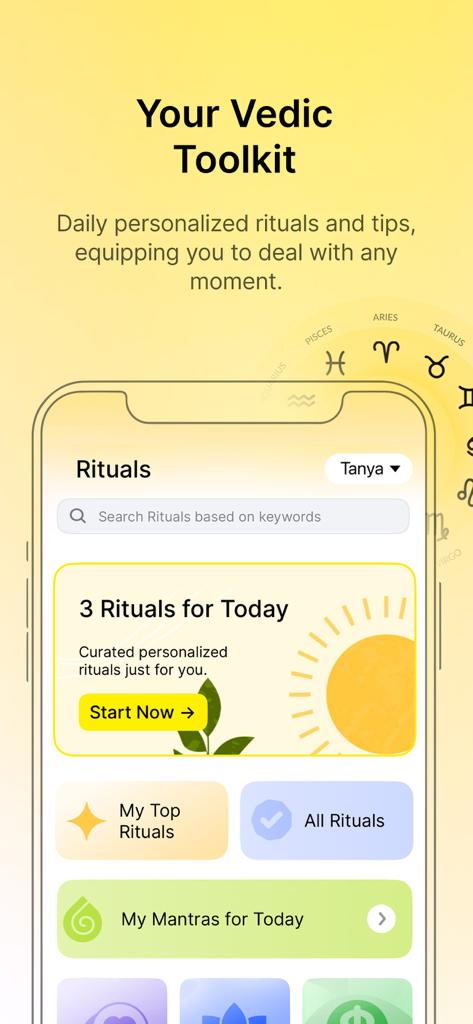 align27 Vedic Astrology Guide - Eine mobile Oberfläche für die align27 App, die personalisierte tägliche Rituale und Mantras im Abschnitt 'Vedischer Werkzeugkasten' zeigt.
