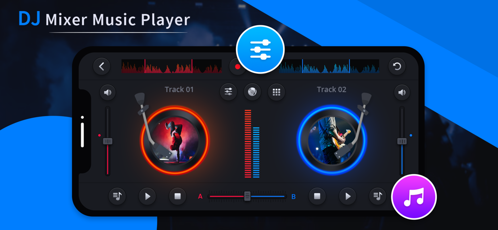 DJ Mixer - DJ Music Player - Interface de mixeur DJ virtuel sur un téléphone portable avec deux platines et des commandes de musique