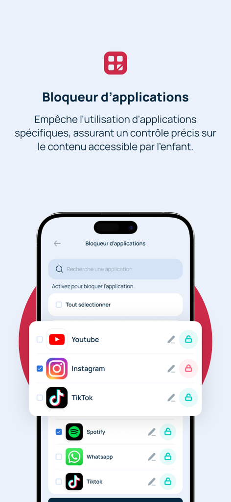 Kidcare : Contrôle parental - Interfaz de la aplicación Kidcare que muestra la función de bloqueo de aplicaciones con iconos de redes sociales y símbolos de candado