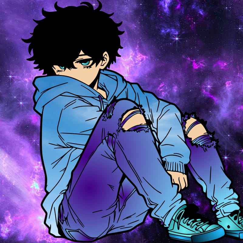 a male hoddie ripped jeans messy hair anime
