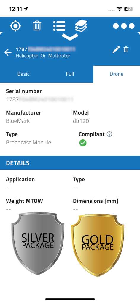 DroneScout pro - DroneScout pro app interface showing drone model details and subscription package icons