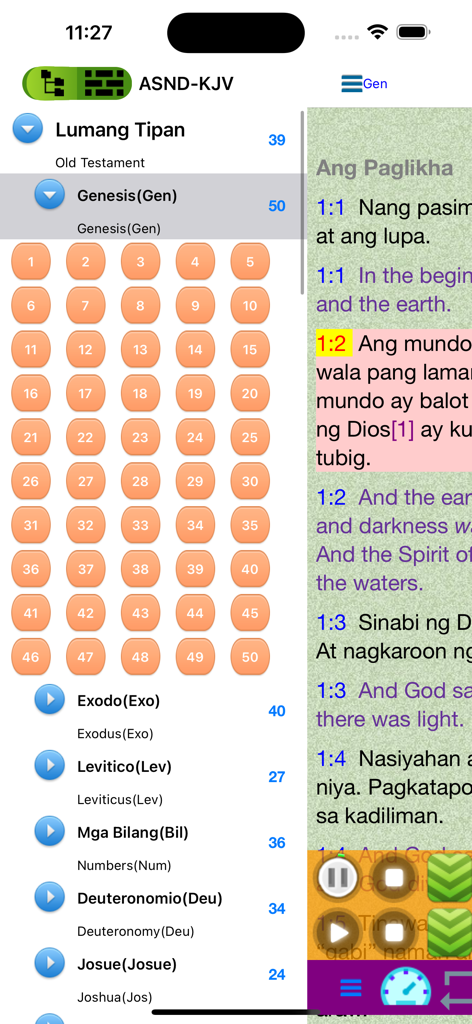Side by side Tagalog and English Bible verses with chapter navigation menu