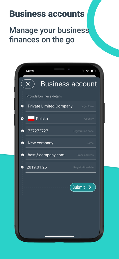 Formulaire d'inscription de compte professionnel dans l'application bancaire mobile myTU, montrant les étapes d'intégration pour une entreprise.