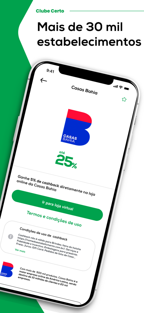 Clube Certo - Clube Certo app interface displaying a cashback offer for Casas Bahia and over thirty thousand stores