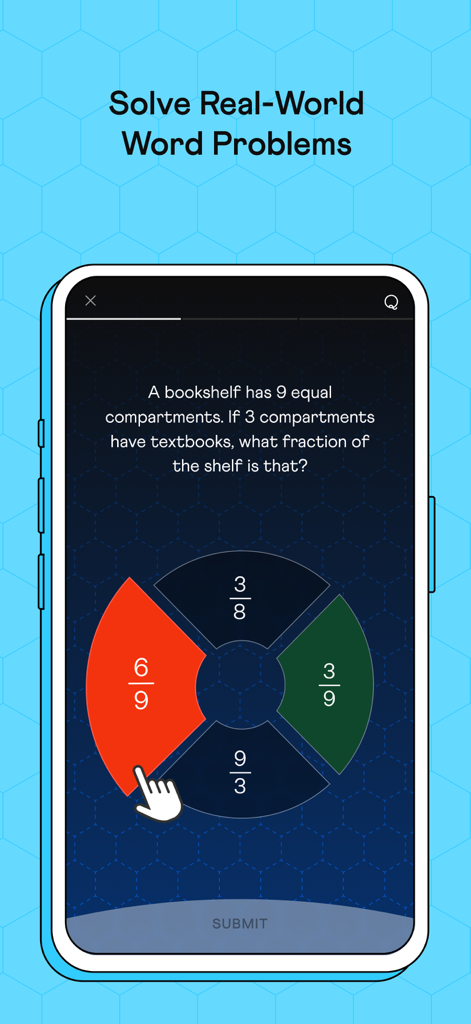 Cuemath app interface showing a real-world word problem about fractions and a bookshelf