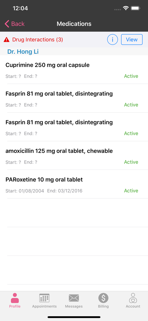 DrChrono OnPatient Portal - Medication list interface in the DrChrono OnPatient Portal app showing active prescriptions and drug interaction warnings.