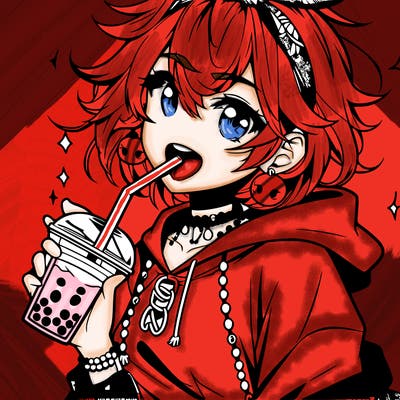 hot baddie anime girl drinking boba and biting the straw