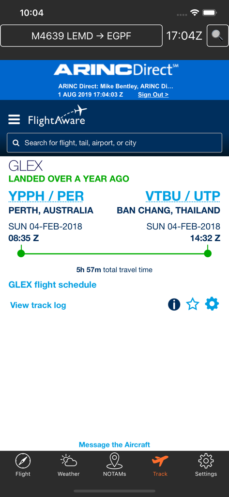 Aircraft tracking interface in the ARINCDirect Mini app showing flight path details and status.