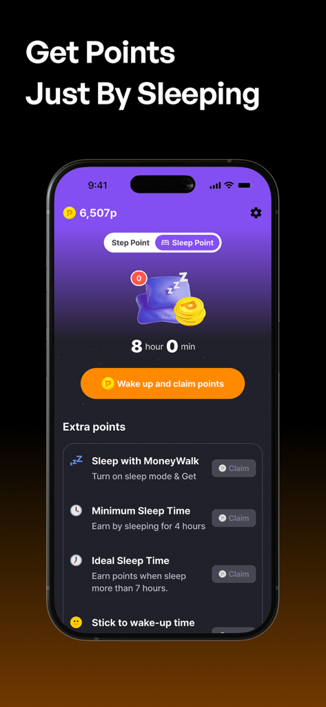 Moneywalk app interface showing how users earn rewards and points for tracking their sleep duration