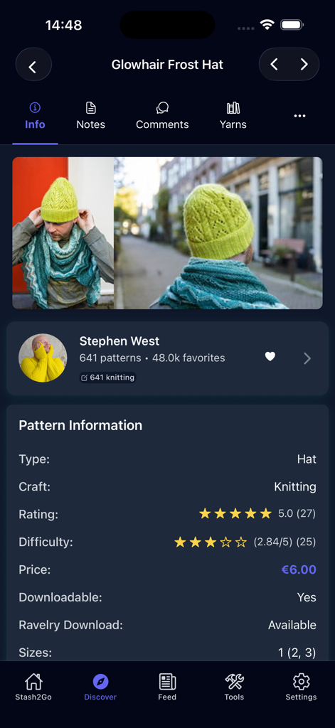Stash2Go II - Stash2Go IIアプリの帽子用編み物パターン情報画面。