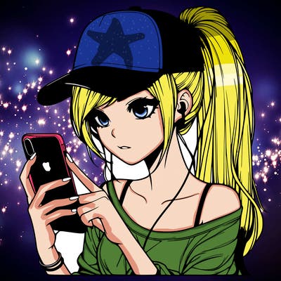 realistic girl with a long ponytail and trucker hat holding an iphone
