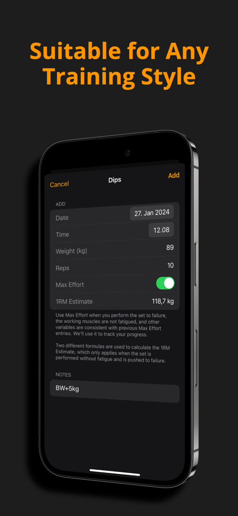 Gym Tracker Pro - Workout Log - Gym Tracker Pro interface showing a workout log for dips with weight reps and one rep max estimate