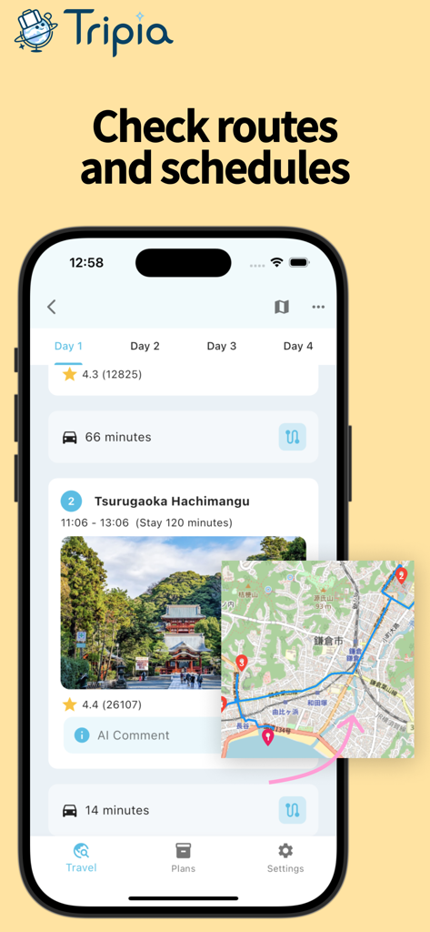 Tripia: AI Trip Planner - Tripia mobile app interface displaying a travel itinerary with daily schedules, transit times, and a route map.