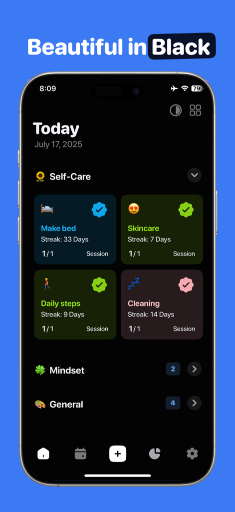 Rovelist app interface in dark mode showing a self care habit dashboard with streaks and icons