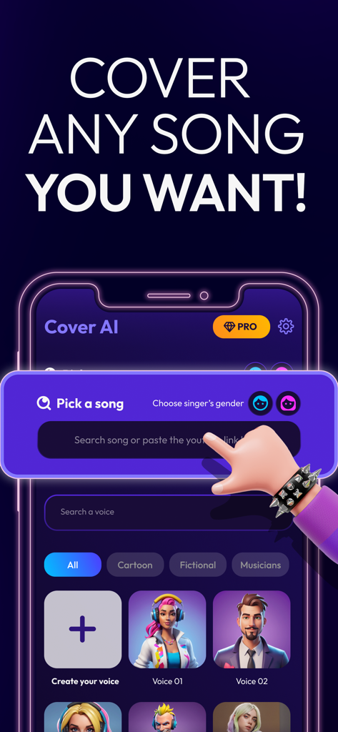 Cover AI: Any Song, Your Voice - Cover AIアプリのインターフェース。曲検索バーとAIボイス選択メニューを表示