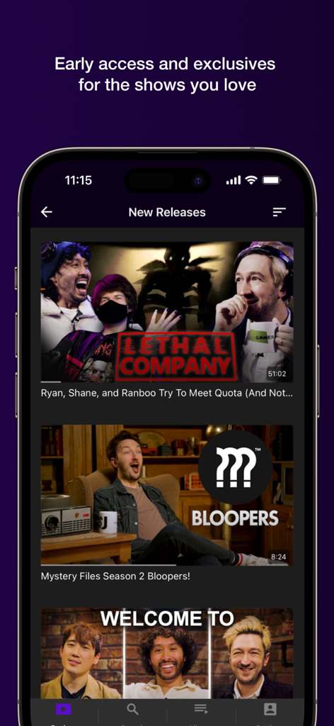 WatcherTV - The WatcherTV mobile app interface showing a list of exclusive new releases and bloopers for subscribers.