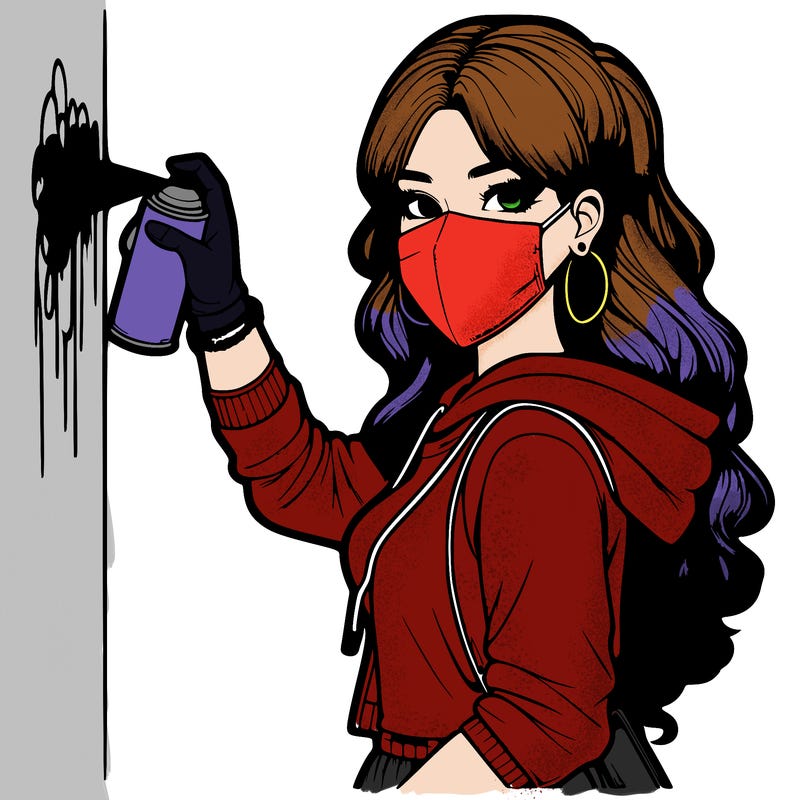 realistic girl with mask spray painting a wall