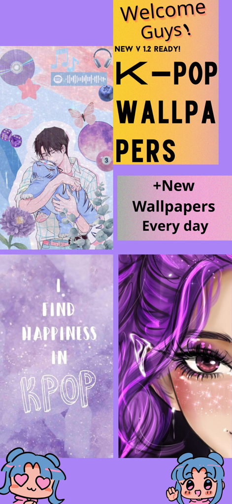 Cute Lily Lovebraid Keyboard - A collage showing purple aesthetic K-pop wallpapers and anime character art for phone customization.