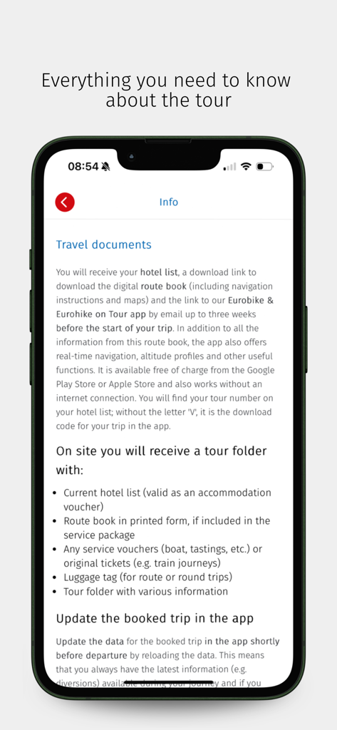 A mobile interface showing travel document instructions and tour package details for Eurobike and Eurohike.