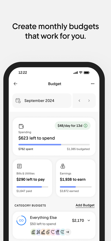 Rocket Money app interface showing a monthly budget dashboard with spending and bills tracking