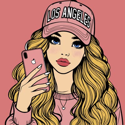 realistic beautiful girl wearing los ángeles cap holding an iphone