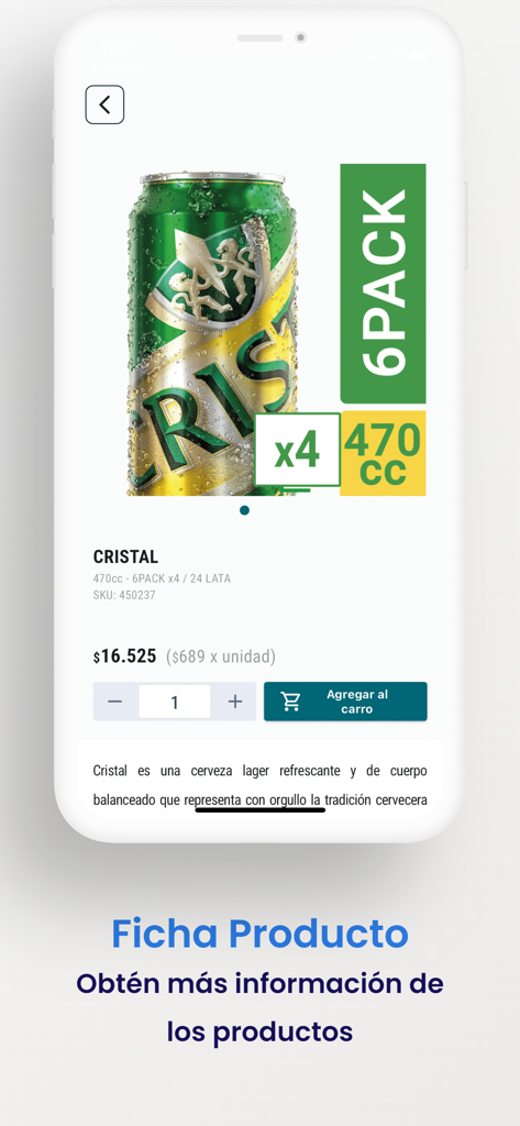 Mi Carro CCU - Una pagina di informazioni sul prodotto nell'app Mi Carro CCU che mostra i dettagli per una confezione da 24 di birra Cristal con prezzi e un pulsante Aggiungi al carrello