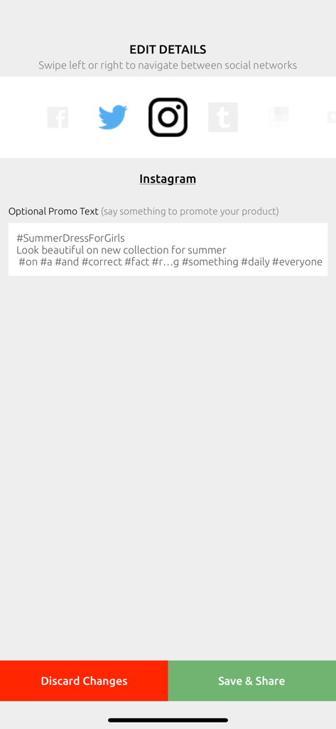 Outfy - Outfy app interface for editing Instagram post captions and hashtags with save and share options