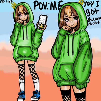 realistic girl who looks tired and is wearing an oversized hoodie and knee high socks and is holding a phone