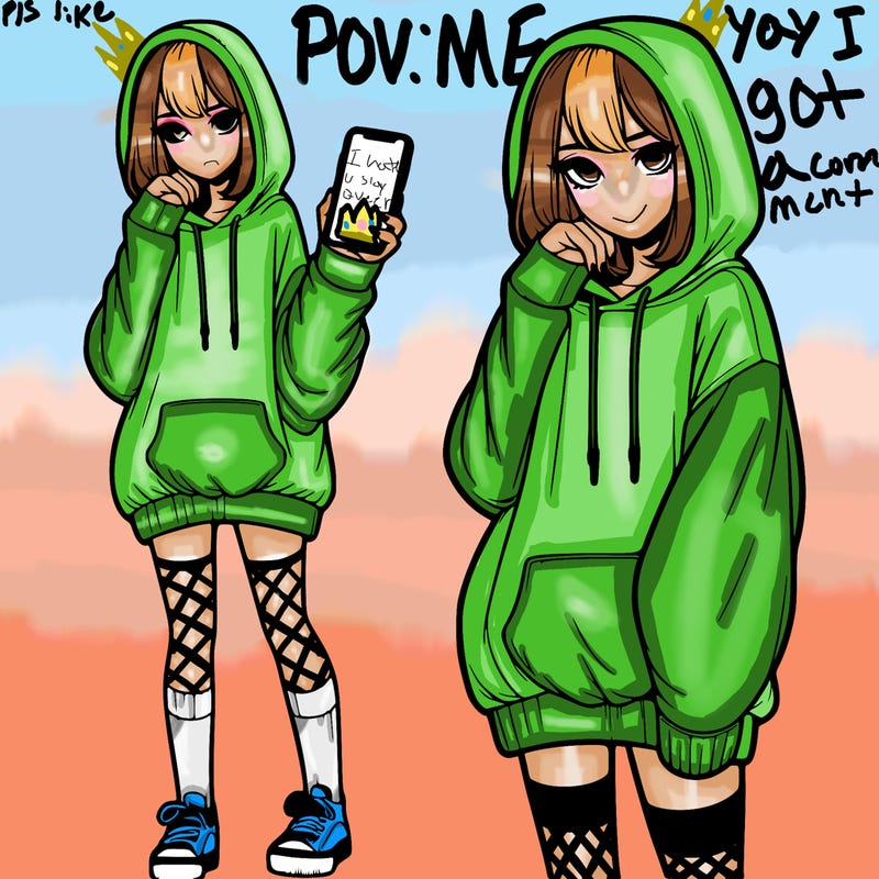 realistic girl who looks tired and is wearing an oversized hoodie and knee high socks and is holding a phone