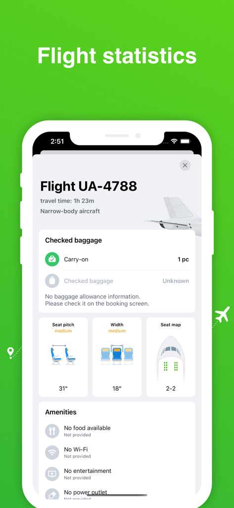 Smartphone screen showing flight statistics including baggage info seat dimensions and available amenities
