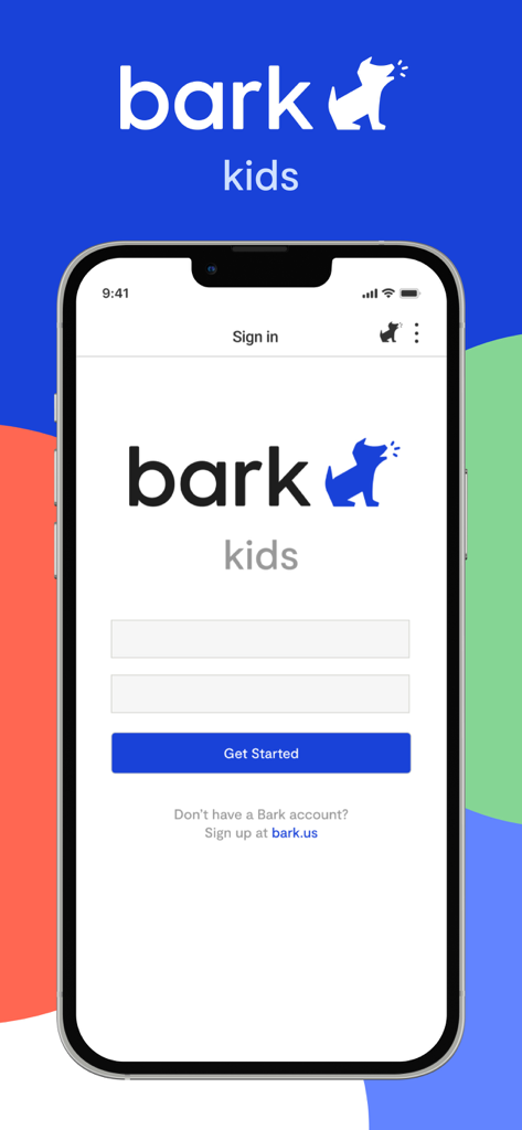 The sign-in interface of the Bark Kids mobile app on a smartphone showing the logo and login fields.