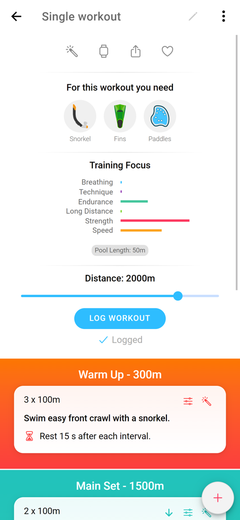 A detailed swim workout screen showing required gear like snorkel and fins, training focus metrics, and a total distance of 2000 meters.