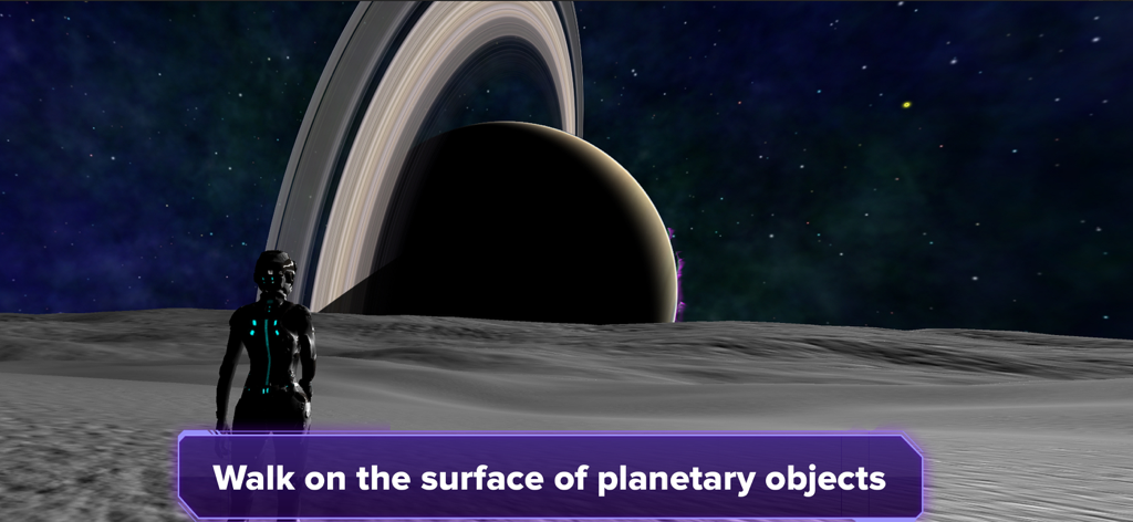 Galaxy Map - An astronaut character walking on the surface of a grey planetary object with a massive ringed planet in the starry background.