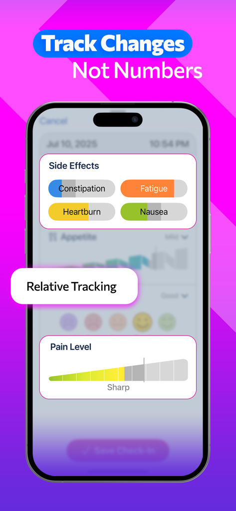 GLP 1 Tracker • Pokii - Pokii app interface showing relative tracking for GLP-1 medication side effects like nausea and fatigue