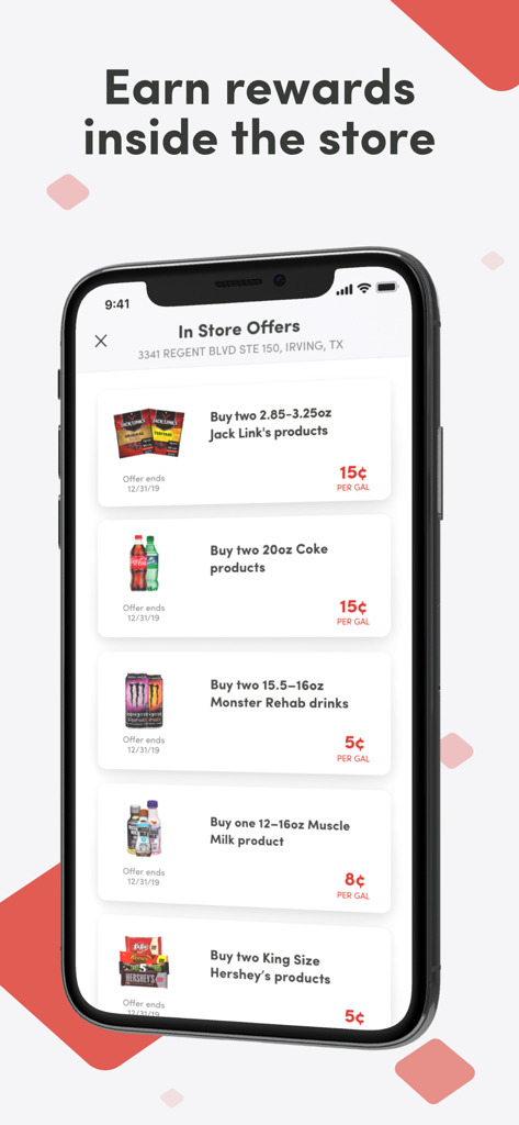 Fuel Rewards® program - Pantalla de teléfono móvil que muestra ofertas en la tienda para la aplicación Fuel Rewards con ahorros de combustible en compras de bocadillos y bebidas.