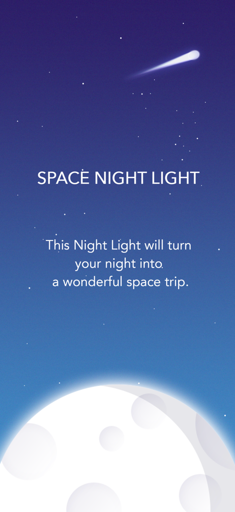 Space Night Light app interface with a starry sky moon and shooting star