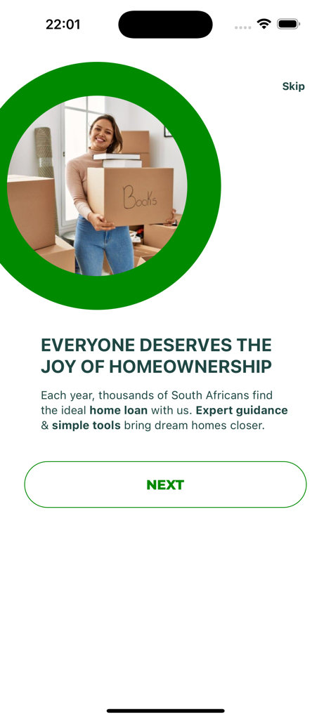 ooba home loan app - Welcome screen of the ooba home loan app showing a woman with moving boxes and the headline Everyone deserves the joy of homeownership