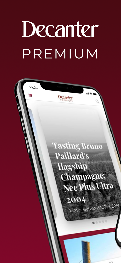 Écran de l'application Decanter Premium montrant un article sur la dégustation du Champagne phare de Bruno Paillard