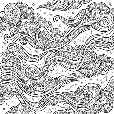 Dive into a stunning world of celestial beauty with this intricate adult coloring page featuring shimmering noctilucent clouds. Explore elaborate swirling patterns and subtle starry elements, offering a deeply engaging artistic experience.