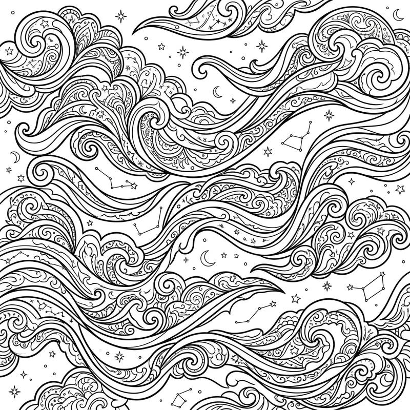Dive into a stunning world of celestial beauty with this intricate adult coloring page featuring shimmering noctilucent clouds. Explore elaborate swirling patterns and subtle starry elements, offering a deeply engaging artistic experience.