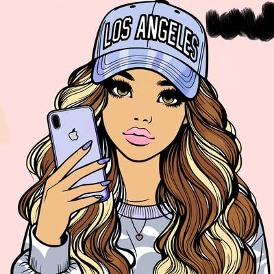 realistic beautiful girl wearing los ángeles cap holding an iphone