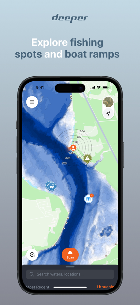 Fish Deeper - Fishing App - Fish Deeper app interface displaying a detailed bathymetric map with fishing spots and boat ramps