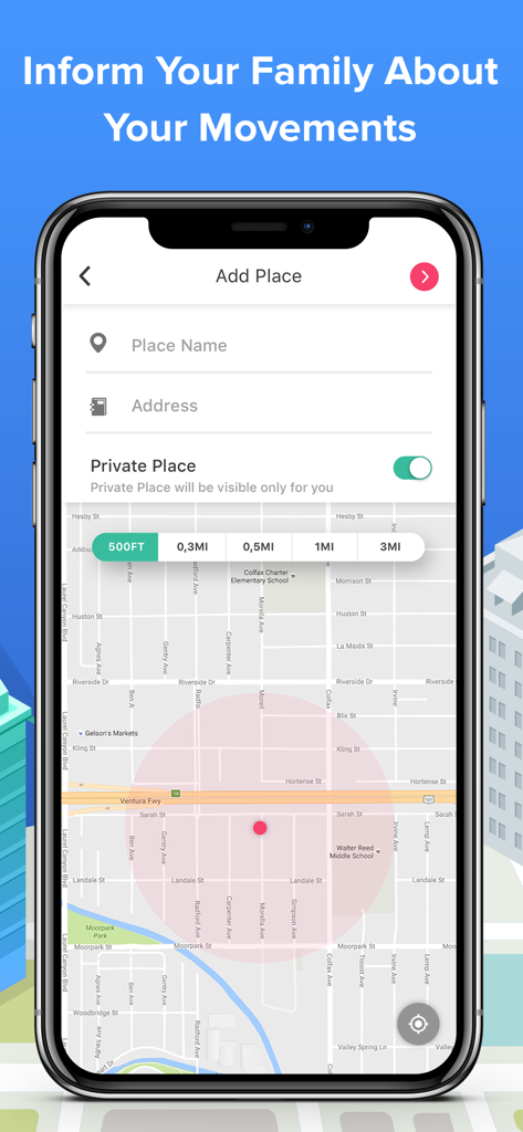 Mobile screen showing the add place interface to set up geographic safe zones and location alerts for family members
