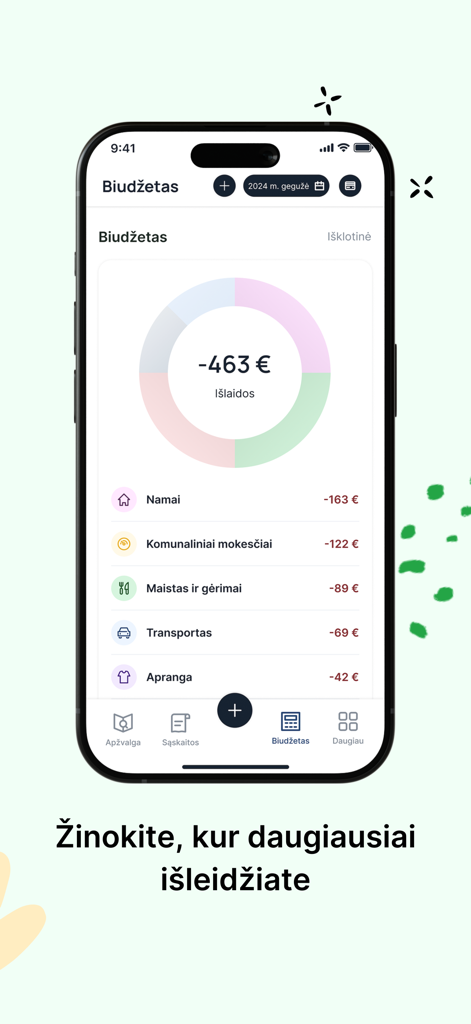 Viena sąskaita - Panel de seguimiento de presupuesto de la aplicación móvil Viena saskaita que muestra un desglose de gastos por categoría con un gráfico circular