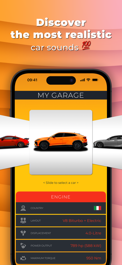 Potenza Drive: Engine Sounds - Potenza Drive My Garage screen showing car selection and engine specifications for a V8 Biturbo