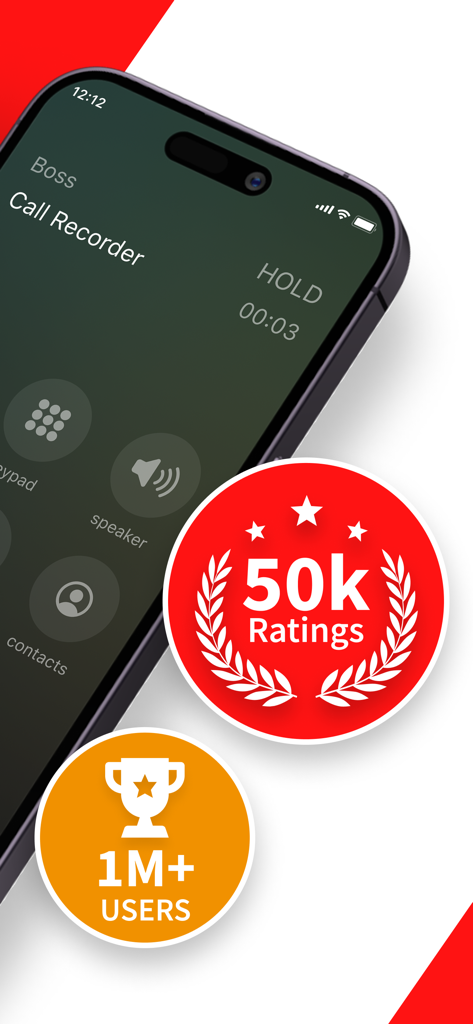 ACR MyCalls call recorder interface for iPhone showing 50k ratings and over 1 million users badges.