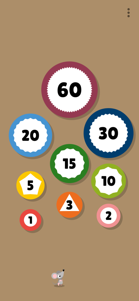 Mouse Timer - Menu screen of Mouse Timer app with colorful circles for selecting different time intervals.