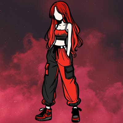 girl in baggy pants crop top and long hair