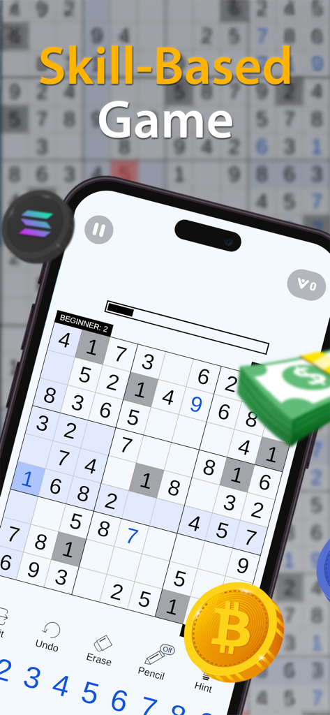 Sudoku App - Uma grade de puzzle Sudoku em uma tela de smartphone com ícones de recompensa e o texto Jogo Baseado em Habilidade.