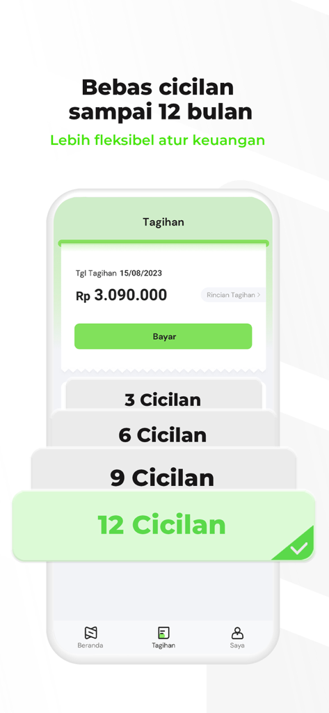 Credinex app screen showing flexible installment options up to 12 months for bill payments
